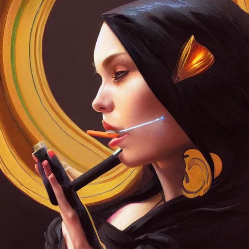 Image similar to a portrait of a black cat smoking a cigarette, fantasy, intricate, cinematic lighting, highly detailed, digital painting, artstation, concept art, smooth, sharp focus, illustration, art by Artgerm and Greg Rutkowski and Alphonse Mucha