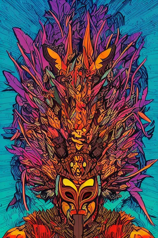 Image similar to animal mask totem roots flower tribal feather gemstone plant wood rock shaman vodoo video game vector cutout illustration vivid multicolor borderlands comics by josan gonzales and dan mumford radiating a glowing aura