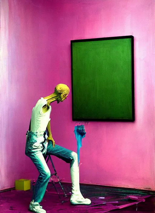 Image similar to an insane, skinny, artist wearing overalls, painting the walls inside a grand messy studio, hauntingly surreal, highly detailed painting by francis bacon, edward hopper, adrian ghenie, gerhard richter, and james jean, soft light 4 k in pink, green and blue colour palette