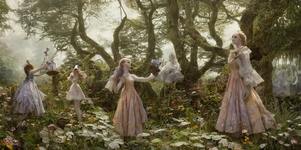 Image similar to alice in wonderland, dress made of leaves, masterpiece by Edgar Maxence and Ross Tran and Michael Whelan, gustav dore, carravaggion, realistic fantasy, establishing shot, 8k, octane render, moonbeams