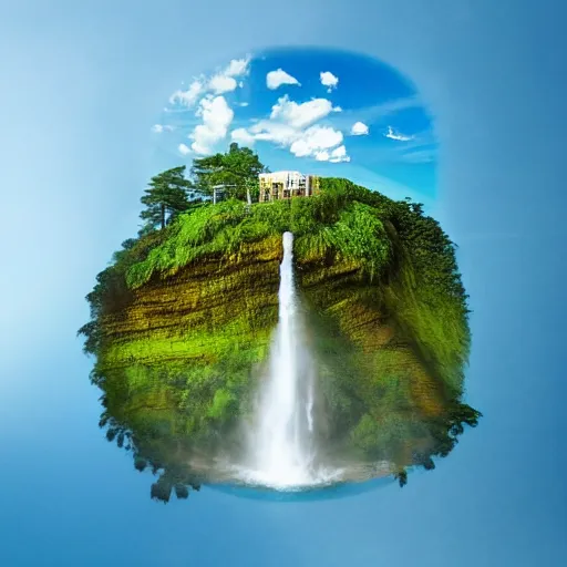 Image similar to “floating island in the sky, with a waterfalls, 4k image, award winning”