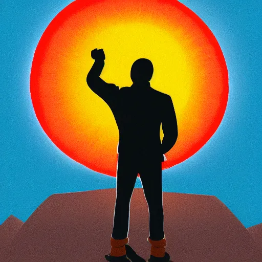 Image similar to a fearful man standing with the world in his pockets and the sun above his head