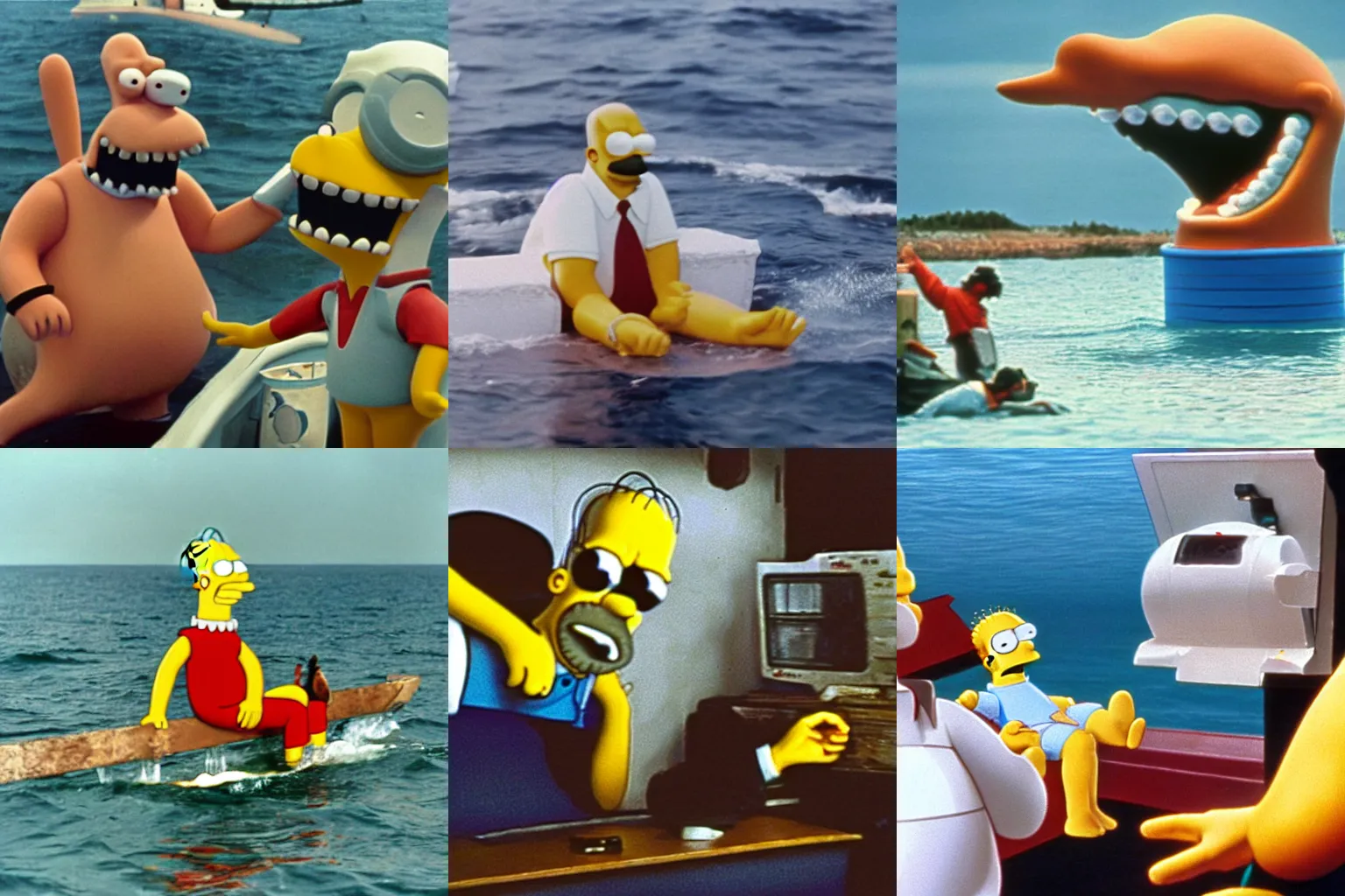 Prompt: Homer Simpson in the film Jaws, color production still