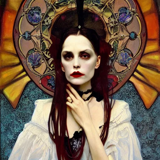Image similar to A beautiful painting of a lady vampire, victorian, dracula, ominous, oil on canvas, photorealism, alphonse mucha, irwin penn, high definition, soft light