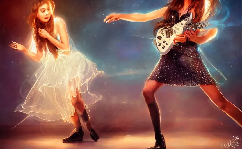 Image similar to rockstar girl playing electric guitar on stage. by edward robert hughes, by konstantin razumov, by william - adolphe bouguerea, by artgerm, pixar, artstation trending, concept art, digital art, digital painting, dramatic lighting, sharp focus, highly detailed, vxf movie, cinematic