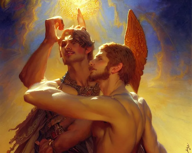 Image similar to attractive pagan male deity, summoning handsome lucifer morning star. highly detailed painting by gaston bussiere, craig mullins, j. c. leyendecker 8 k