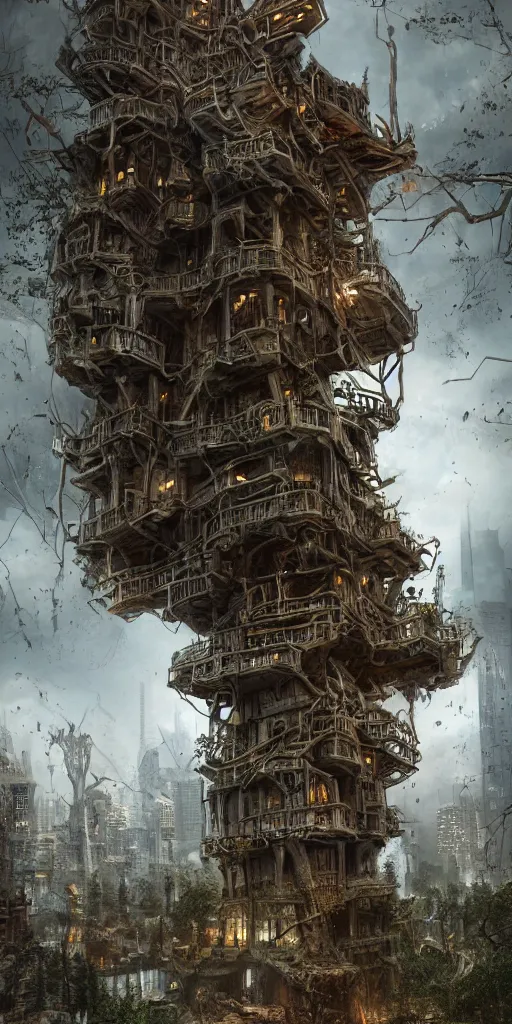 Prompt: ultra realistic and intricate detailed giant villain tech treehouse on the middle of the city, evil, devil, bloody, night, high technology, innovation, Dark evil style, artstation, unreal render, depth of field, ambient lighting, award winning, stunning