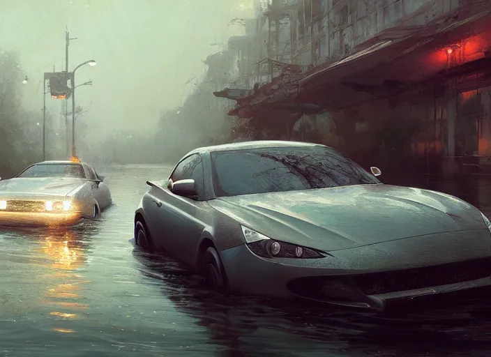 Image similar to a car driving through shallow water, flooded city, muted colors, hyperrealistic, oil painting, intricate, cgsociety, artstation, 8 k, cinematic, soft lighting, by greg rutkowski, by wlop, by artgerm