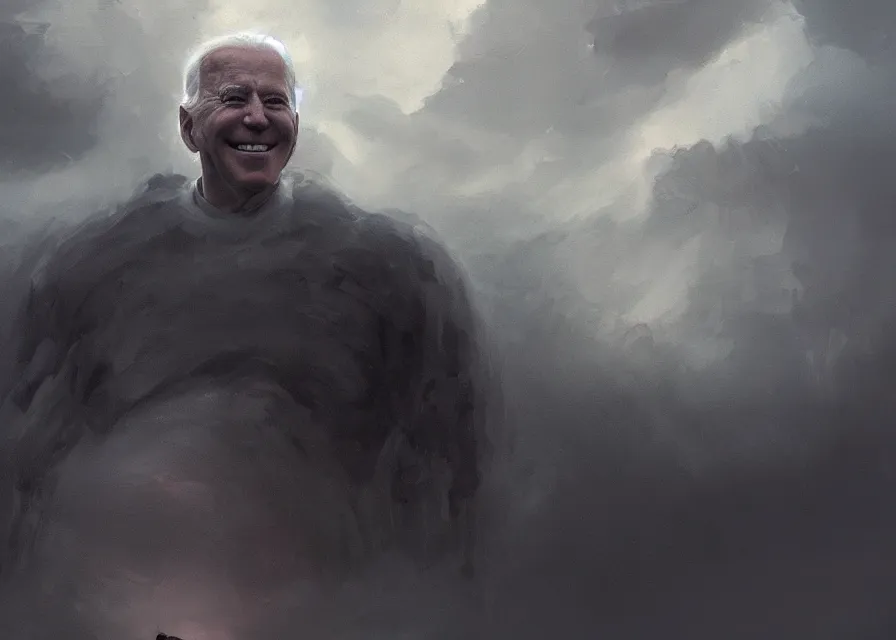 Image similar to abstract painting of giant Joe Biden smiling emperor of the world emerging in dark clouds, immense crowd of people, cosmic horror , trending on ArtStation, masterpiece, by Greg Rutkowski, by Ross Tran, by Fenghua Zhong, octane, lightbeam eyes, soft render, clear facial features, oil on canvas, moody lighting, cinematic, professional environment concept art