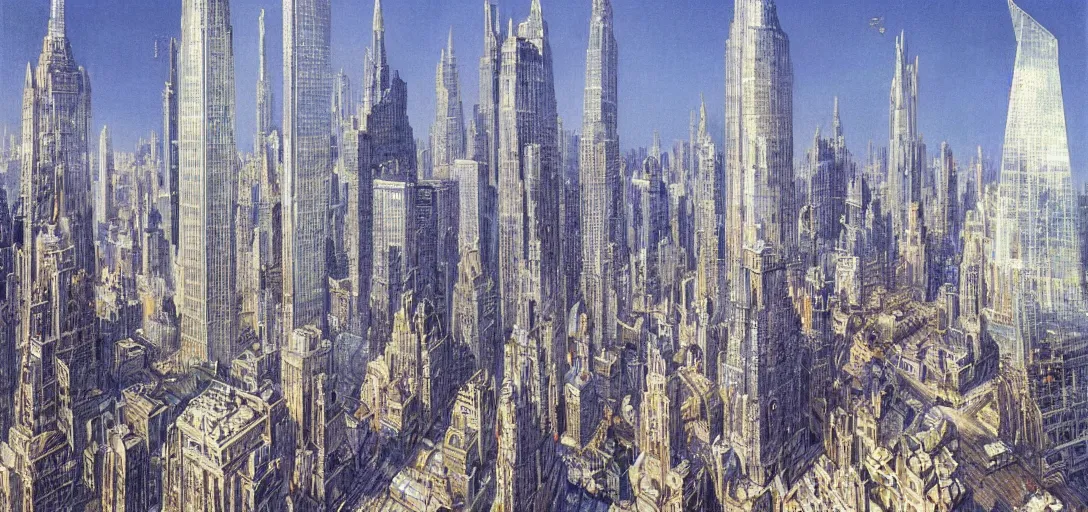 Prompt: A futuristic landscape of New York City with domes and very tall buildings in the year 2050 by Alan Lee