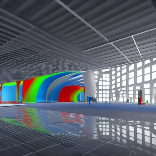 Prompt: elaborate and beautiful exhibit hall, designed by zaha hadid, bold colored walls, unique architecture, sunbeams unreal engine 5 render, keyshot render, octane render, ultra high detail, ultra realistic, 8k