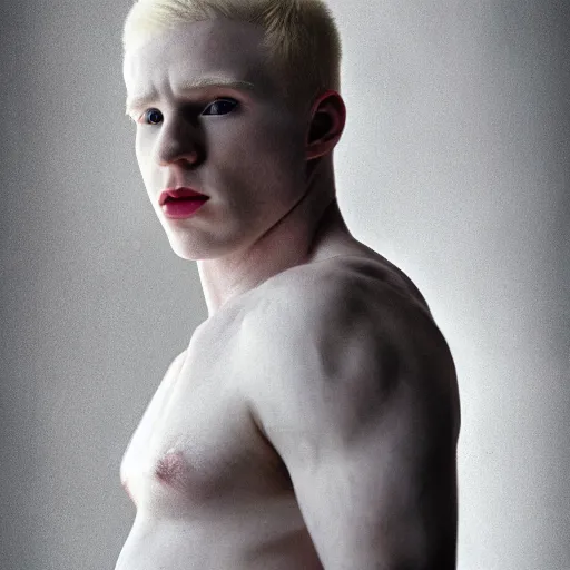 Image similar to realistic expired kodak film portrait of albino chris evans, hyperrealism, photorealistic, detailed, atmospheric, 8 k, award winning photography, cinematic