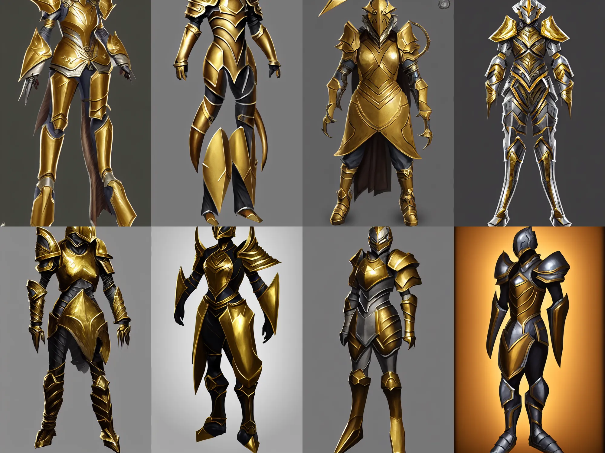 Prompt: legendary armor, steel with thin gold trim, extremely polished, exaggerated proportions, trending on polycount, fantasy character portrait, professional concept art, front view, A-pose, full body