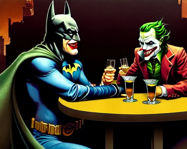 Prompt: The Batman having a glass of whiskey with the Joker in a grungy bar riddled with bullet holes. Trending on ArtStation. A vibrant digital oil painting. A highly detailed sci-fi fantasy character illustration by Wayne Reynolds and Charles Monet and Gustave Dore and Carl Critchlow and Bram Sels