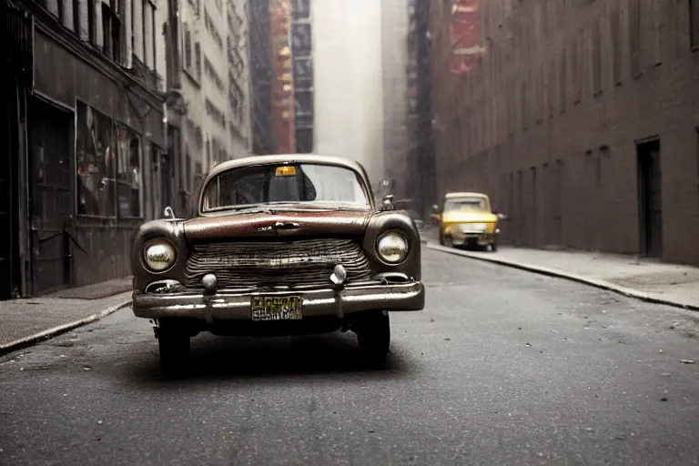 Prompt: street photography by saul leiter, in a narrow new york empty alley, award winning photo of an ultra detailed intricate dirty vintage ford car speeding very fast on mud, fast shutter speed, motion blur, tiny gaussian blur, highly detailed, highly intricate, depth of field, trending on top gear