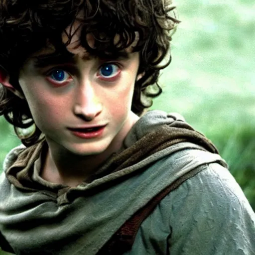 Image similar to Film still of a young Daniel Radcliffe as Frodo in Lord of the Rings: The Return of the King, small eyes