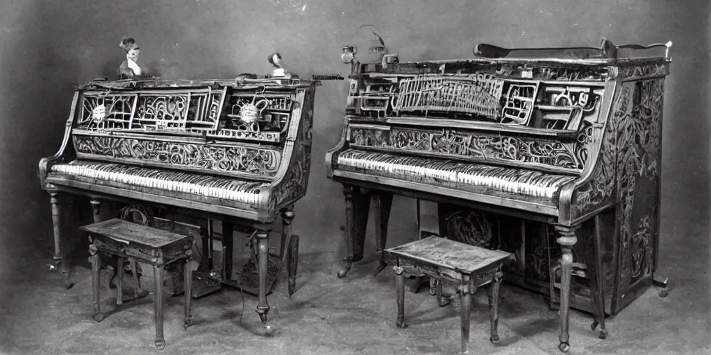Image similar to complex steampunk piano designed by davinci, vintage photo