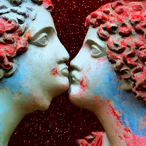 Image similar to close - up of two greek statue women kissing each other, they are covered in splattered acrylic paint