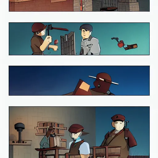 Prompt: Team Fortress 2 comic panel set in the style of a Studio Ghibli film