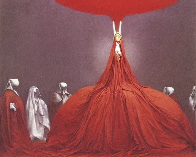 Image similar to devotion to the scarlet woman, priestess in a conical hat, coronation, ritual, sacrament, by francis bacon, beksinski, bosch, mystical redscale photography, opulence, luxury, maximalism.