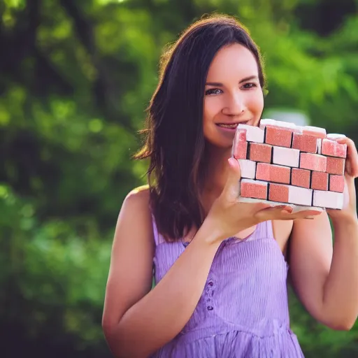 Image similar to beautiful advertising photo of a woman holding scented soap bricks up to the viewer, smiling, summer outdoors photography at sunrise, bokeh, bloom effect