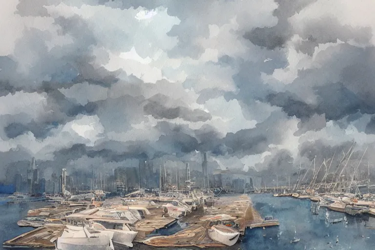 Prompt: An harbor in the clouds by Nick Runge, watercolor, hyper detailed, artstation