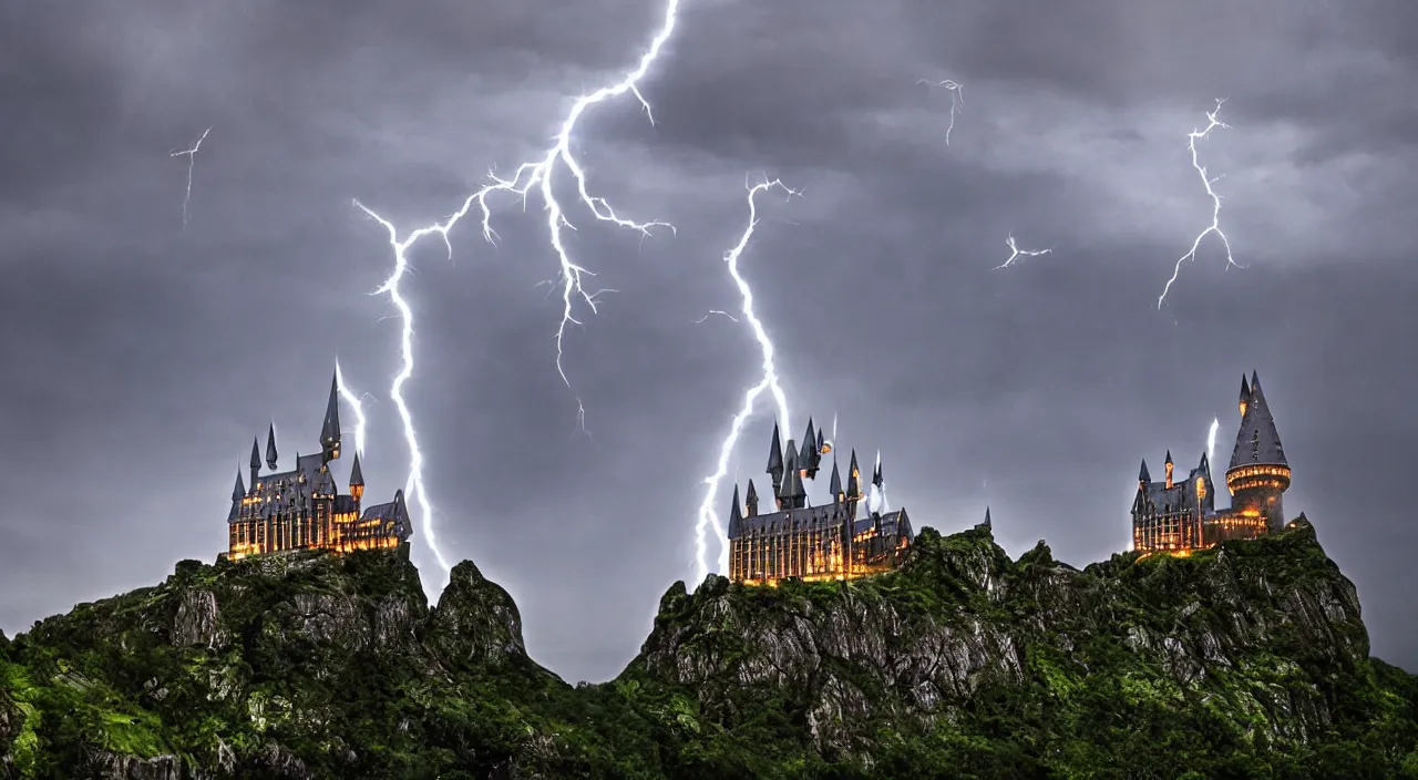 Image similar to slytherin harry potter flying with his wand forward. hogwarts castle and lightning strikes in the background. bad weather