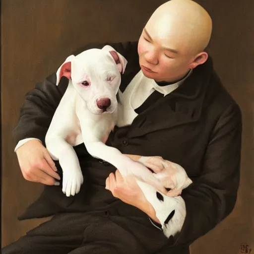 Image similar to tired white pitbull puppy curled up on a japanese man's lap, highly detailed painting, cozy aesthetic