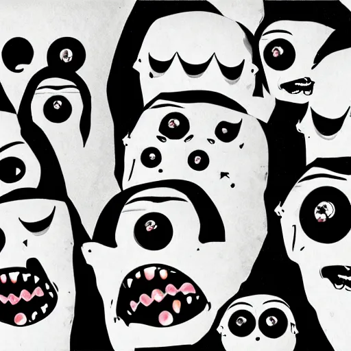 Image similar to a group of people with creepy faces and mouths, an album cover by arent arentsz, featured on deviantart, computer art, grotesque, fisheye lens, creepypasta