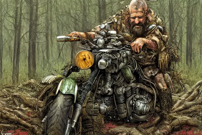 Image similar to a highly detailed garden gnome driving a forest camo motorcycle, overgrown, post apocalyptic road warrior style, wide angle, an ultrafine detailed painting by p. craig russell and barry windsor - smith, trending on deviantart, octane, masterpiece