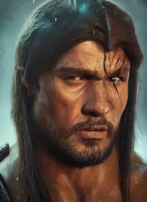 Image similar to comic book style portrait painting of a conan the barbarian in a stunning fantasy setting, unreal 5, DAZ, hyperrealistic, octane render, dynamic lighting