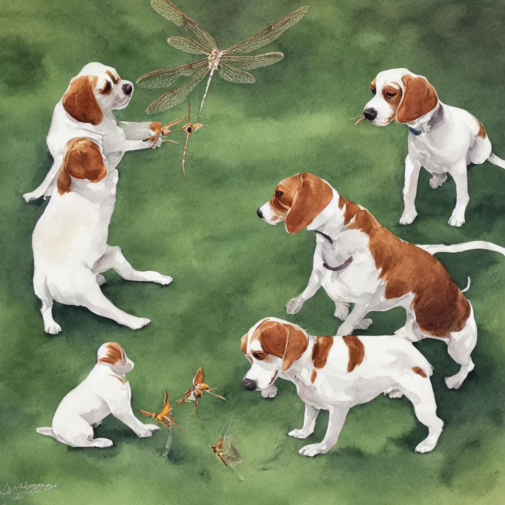 Image similar to water color painting of a white and caramel beagle dog playing with dragonfly in a backyard, harsh lighting, detailed, trending on artstation, dull pastel colors, bright, god rays, dreamy, trending on artstation