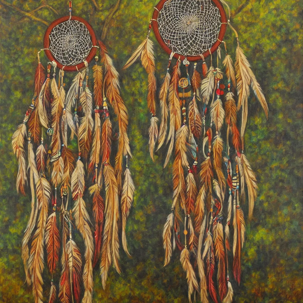 Image similar to dreamcatcher, native american art, peaceful, forest, countryside, realistic, oil painting,