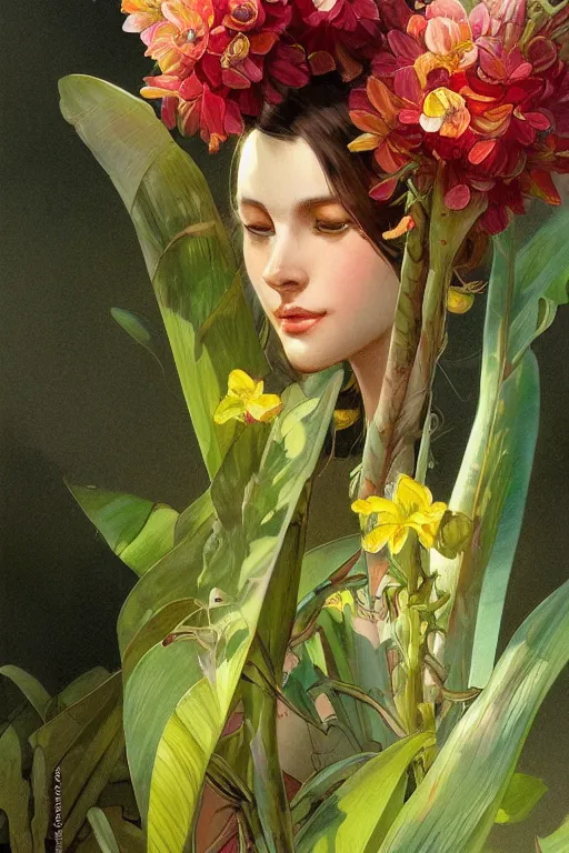 Prompt: ultra realistic illustration, banana plants close up drawing and colorful flowers, elegant, highly detailed, digital painting, concept art, smooth, sharp focus, illustration, art by greg rutkowski and alphonse mucha