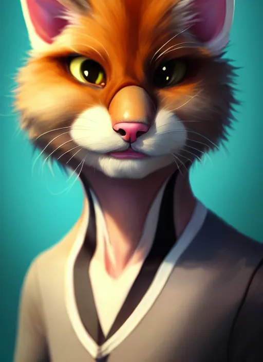 Image similar to character concept art of a anthropomorphic male furry cat | | cute - fine - face, pretty face, key visual, realistic shaded perfect face, fine details by stanley artgerm lau, wlop, rossdraws, james jean, andrei riabovitchev, marc simonetti, and sakimichan, trending on artstation