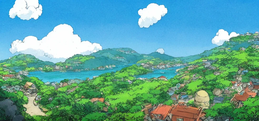 Prompt: studio ghibli hilly countryside and ocean