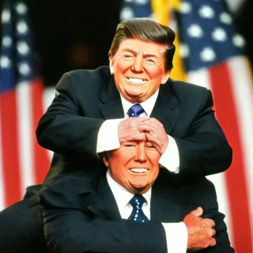 Image similar to dwarf trump getting a piggy - back ride from reagan