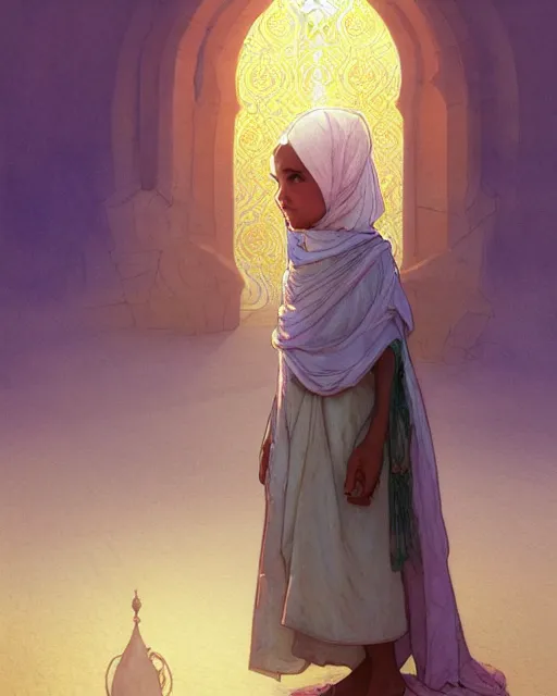 Image similar to a faceless bedouin child infront of a big open quran highly detailed, gold filigree, romantic storybook fantasy, soft cinematic lighting, award, disney concept art watercolor illustration by mandy jurgens and alphonse mucha and alena aenami, pastel color palette, featured on artstation