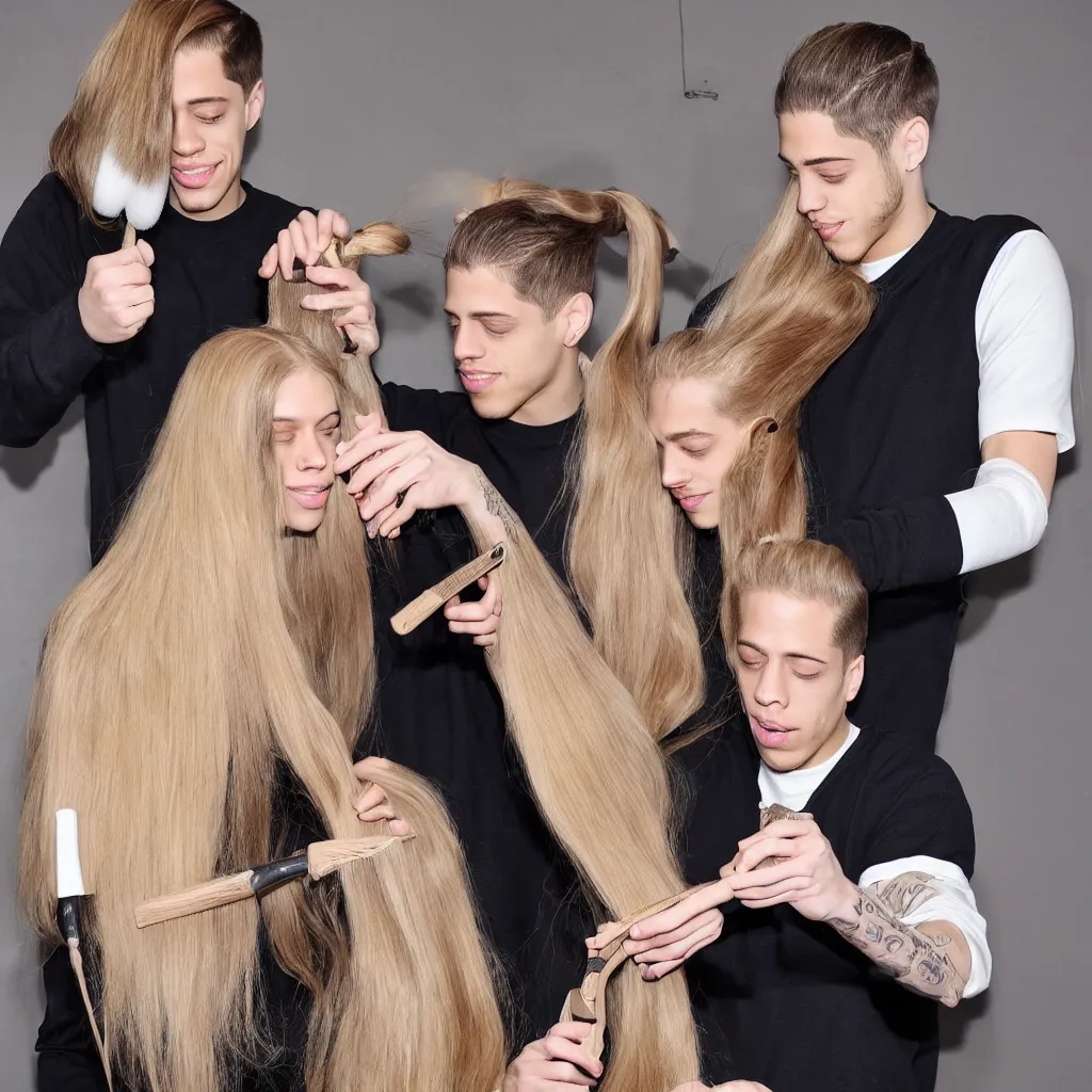 Image similar to pete davidson brushing jessica's long blond hair with a huge hairbrush, comically large hairbrush, ultra - realistic photograph