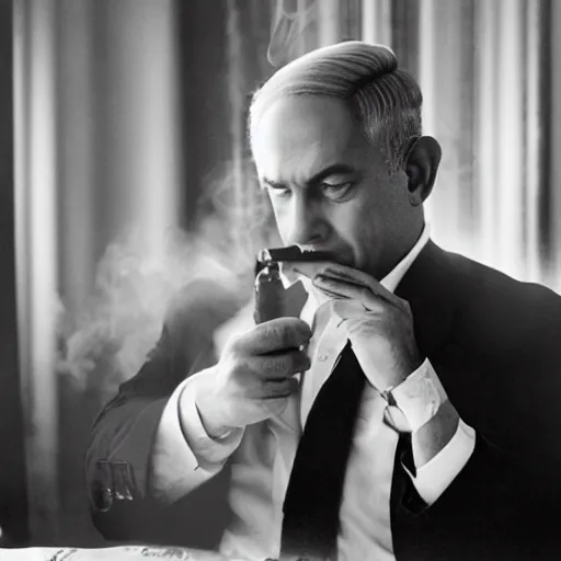 Prompt: portrait of benjamin netanyahu as the godfather smoking a cigar, neo noir style, dramatic lighting, cinematic, dark, foreboding, establishing shot