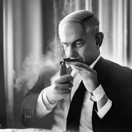 Image similar to portrait of benjamin netanyahu as the godfather smoking a cigar, neo noir style, dramatic lighting, cinematic, dark, foreboding, establishing shot