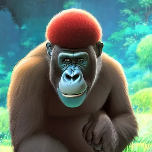 Prompt: a wholesome animation key shot of a gorilla holding a very small red mushroom, chilled out smirk on face, studio ghibli, pixar and disney animation, sharp, rendered in unreal engine 5, anime key art by greg rutkowski, bloom, dramatic lighting