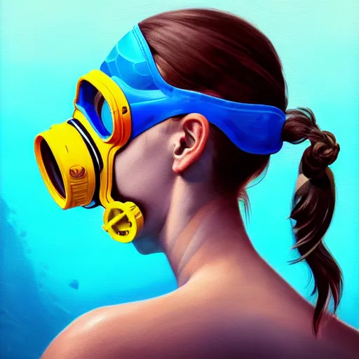 Prompt: profile photo of a girl diver wearing a visor and a diving mask with high detailed tattoos on neck, side profile in underwater, highly detailed, digital painting, artstation, concept art, smooth, sharp focus, illustration by Sandra Chevrier