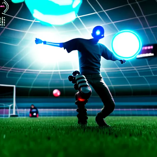 Image similar to a cyberpunk cyborg kicking a soccer ball in a soccer game, hyperrealistic, unreal engine, 4 k, 3 d