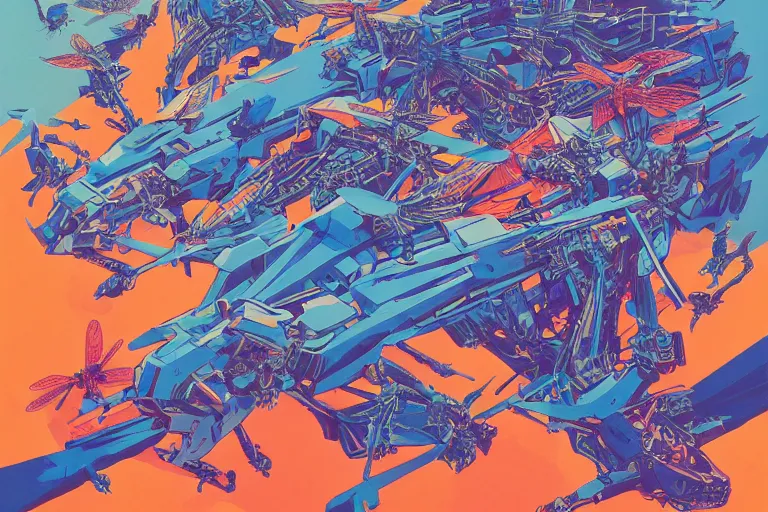 Image similar to risograph, gigantic mecha arzach birds with dragonflies, tiny rats, a lot of exotic animals around, big human faces everywhere, helicopters and tremendous birds, by satoshi kon and moebius, matte summer blue colors, surreal psychedelic design, crispy, super - detailed, a lot of tiny details, 4 k, fullshot