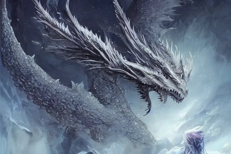 Image similar to Ice Dragon on a beautiful fantasy landscape, mountainside, winter, moonlit, HD, illustration, epic, D&D, fantasy, intricate, elegant, highly detailed, digital painting, artstation, concept art, smooth, sharp focus, illustration, wallpaper, art by artgerm and greg rutkowski and alphonse mucha and jin xiaodi