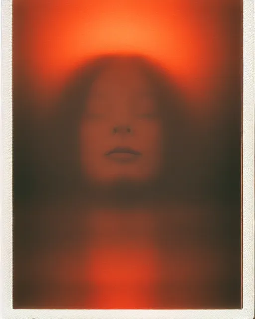 Prompt: a woman's face in the water, serene emotion, new polaroid, glitchy patterns, hazy, red, orange, yellow, soft lighting