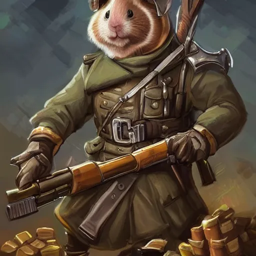 Prompt: cute little anthropomorphic Guinea Pig Soldier wielding a revolver in city, tiny, small, short, WW1 USA outfit, cute and adorable, pretty, beautiful, DnD character art portrait, matte fantasy painting, DeviantArt Artstation, by Jason Felix by Steve Argyle by Tyler Jacobson by Peter Mohrbacher, cinematic lighting