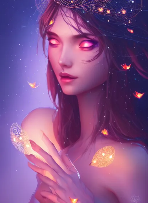 Prompt: a goddess of the night surrounded by fireflies, highly detailed, artgerm style, artstation, soft light, sharp focus, illustration, character design, concept art