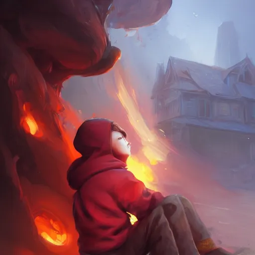 Image similar to a boy in a hoodie, red eyes, a burning house in the background, by Stanley Artgerm Lau, WLOP, Rossdraws, James Jean, Andrei Riabovitchev, Marc Simonetti, Yoshitaka Amano, ArtStation, CGSociety,